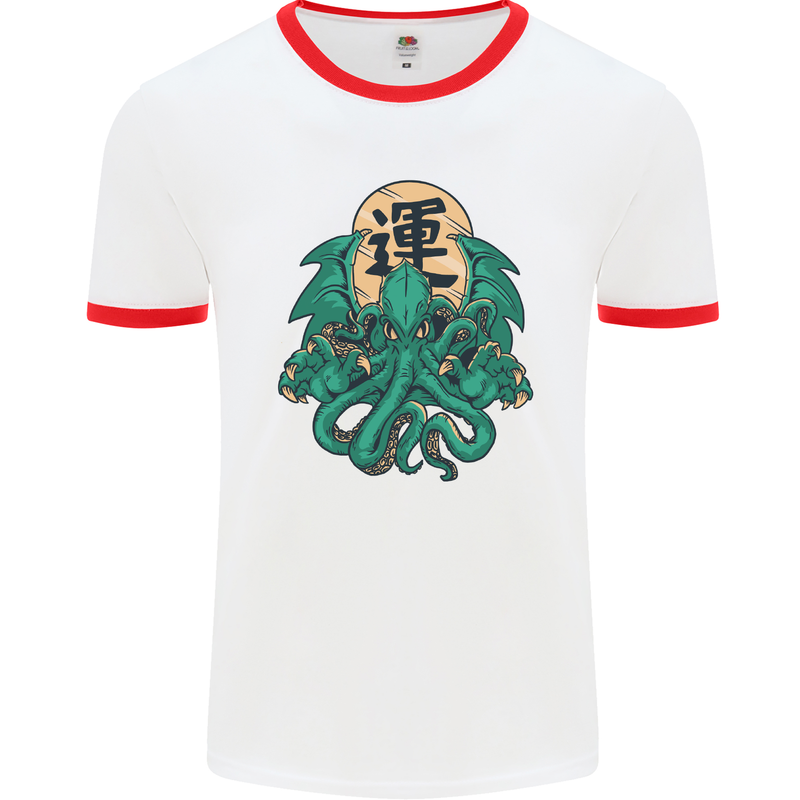 Cthulhu Monster Kraken Mens White Ringer T-Shirt White/Red