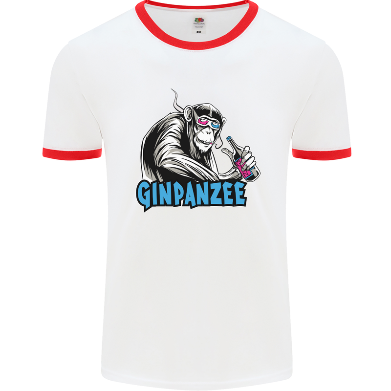 Ginpanzee Funny Gin Drinker Monkey Alcohol Mens White Ringer T-Shirt White/Red