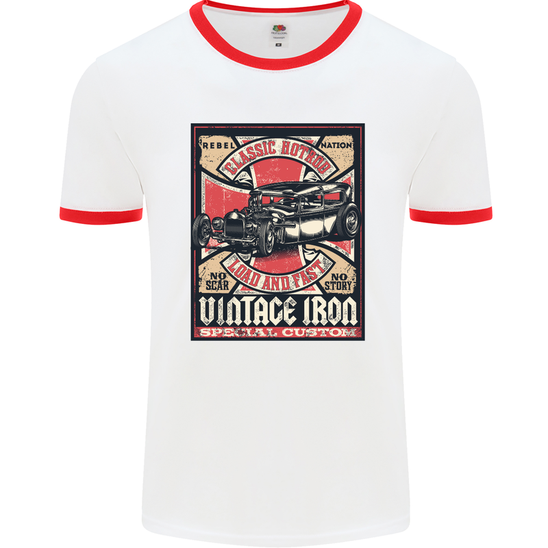 Classic Hotrod Vintage Iron Hot Rod Dragster Mens White Ringer T-Shirt White/Red