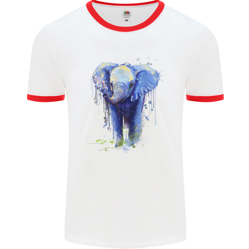 Elephant Watercolour Mens White Ringer T-Shirt White/Red