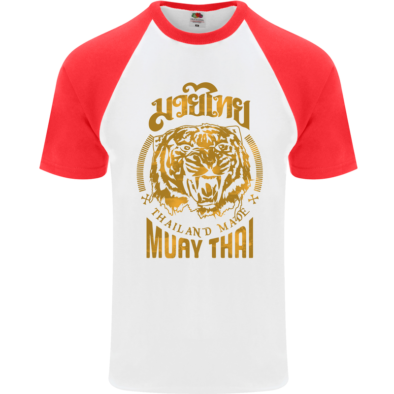 Muay Thai Fighter Warrior MMA Martial Arts Mens S/S Baseball T-Shirt White/Red