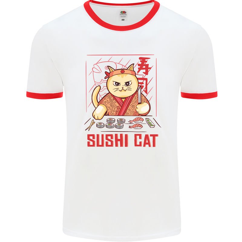 Funny Sushi Cat Food Fish Chef Japan Mens White Ringer T-Shirt White/Red