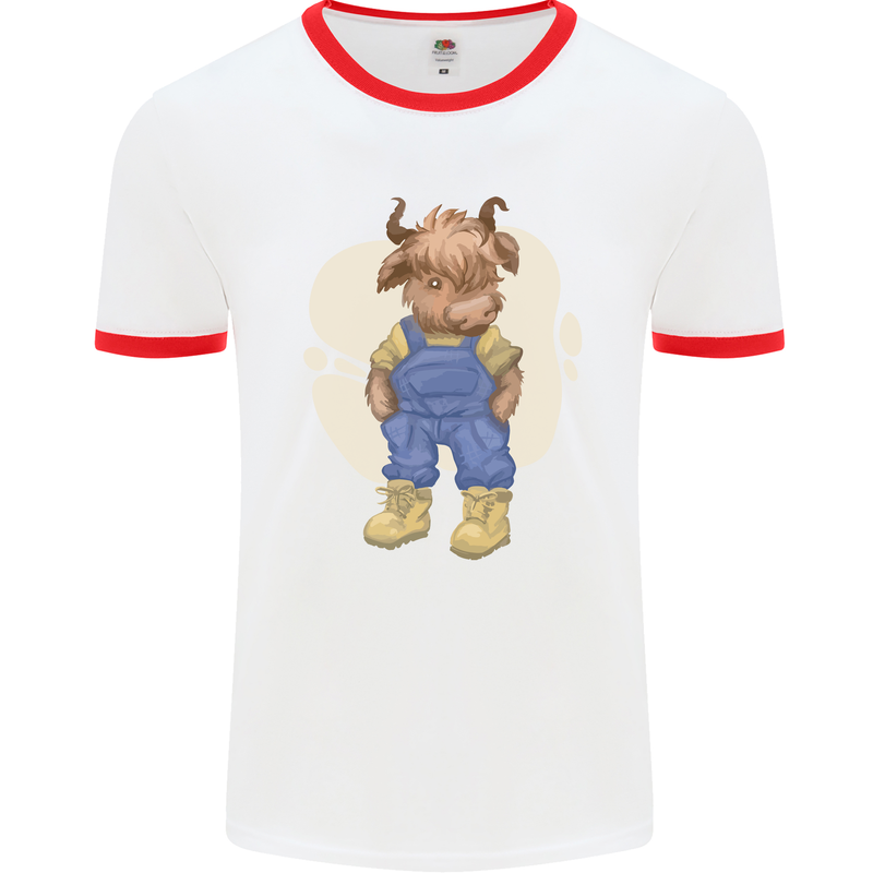 An Infant Highland Cow Cattle Bull Mens Ringer T-Shirt White/Red