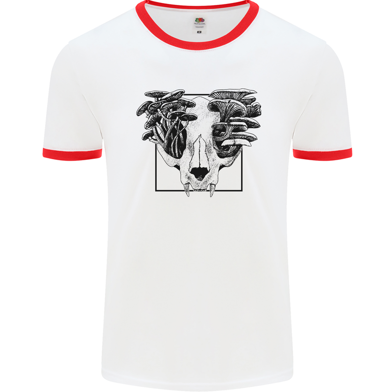 Mushroom Alien Skull Mens White Ringer T-Shirt White/Red