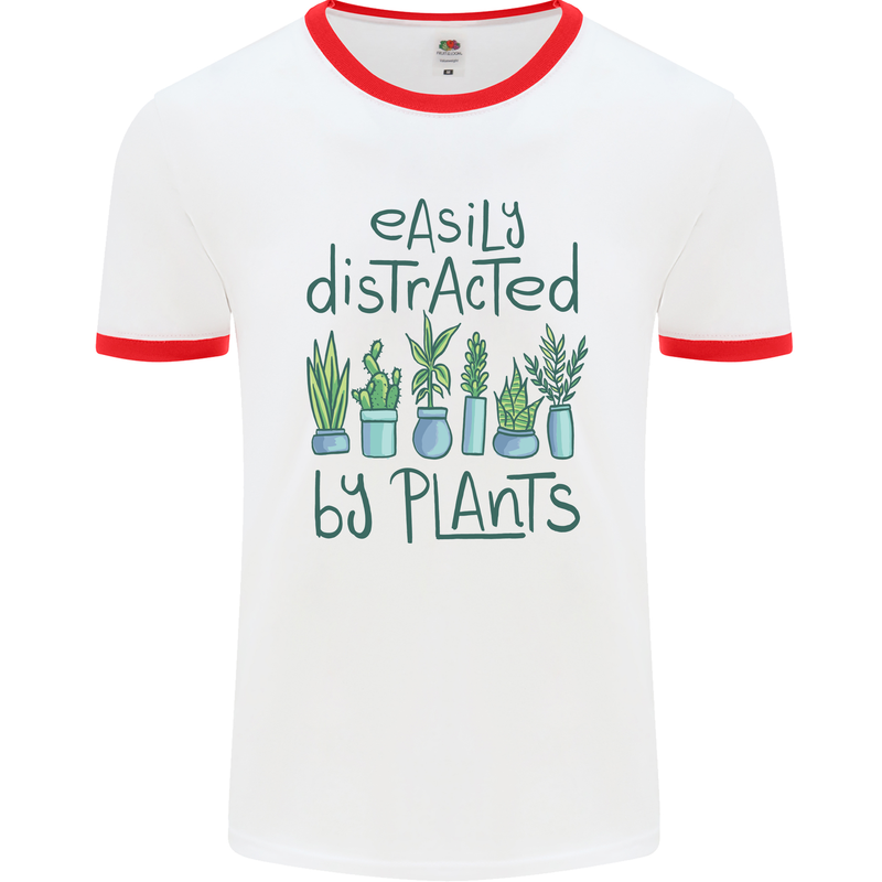 Easily Distracted by Plants Botanist Funny Mens White Ringer T-Shirt White/Red