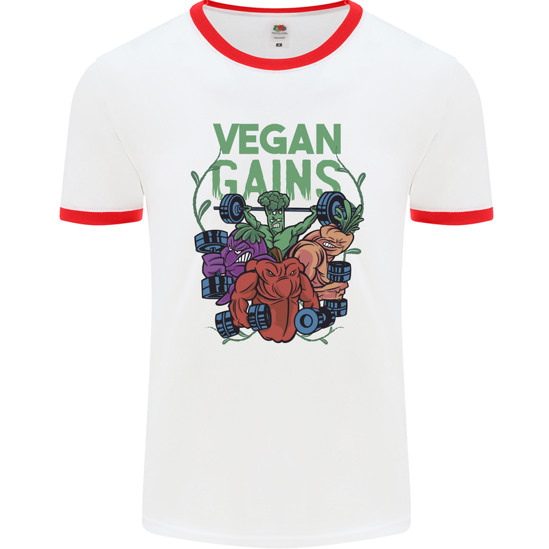 Vegan Gym Bodybuilding Vegetarian Mens Ringer T-Shirt White/Red