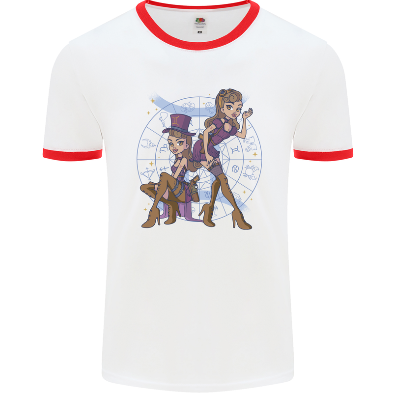 Gemini Star Sign Astrological Zodiac Mens Ringer T-Shirt White/Red