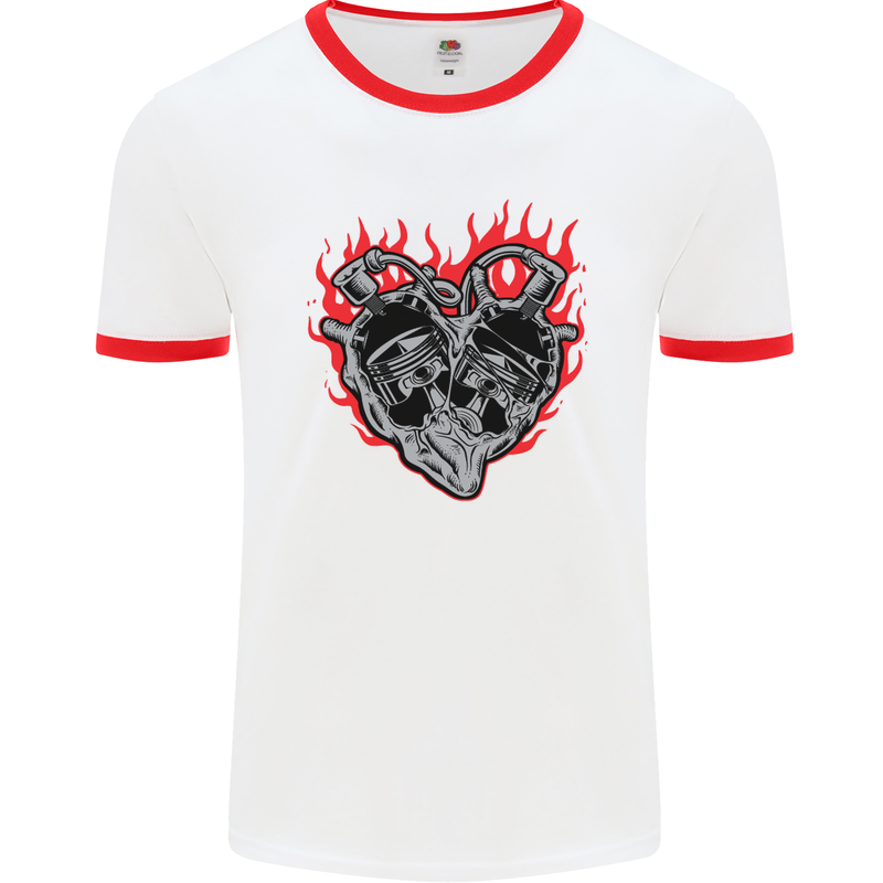 Biker Heart Motorbike Motorcycle Mens White Ringer T-Shirt White/Red