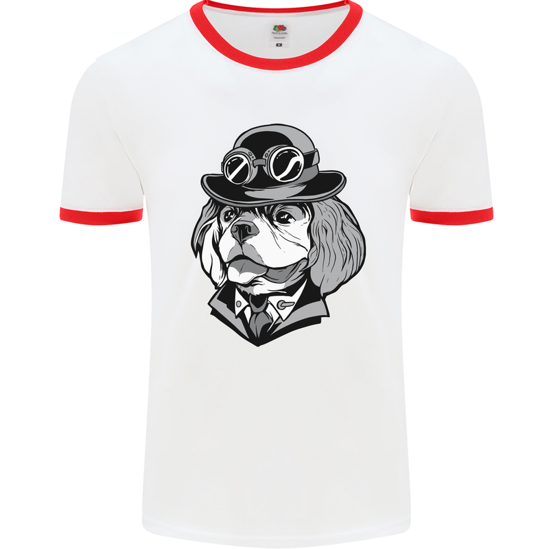 Steampunk King Charles Spaniel Cavelier Mens White Ringer T-Shirt White/Red