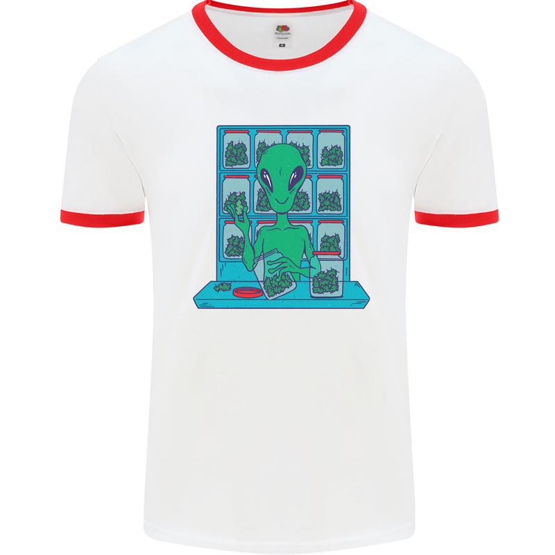 Funny Alien Drug Dealer Weed Mens White Ringer T-Shirt White/Red