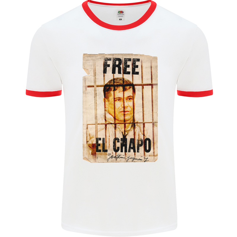 Free El Chapo Cocaine Drugs Cartel Mens White Ringer T-Shirt White/Red