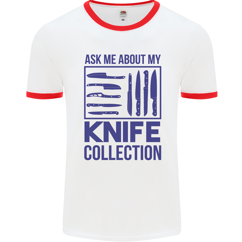 Ask About My Knife Collection Funny Chef Mens White Ringer T-Shirt White/Red