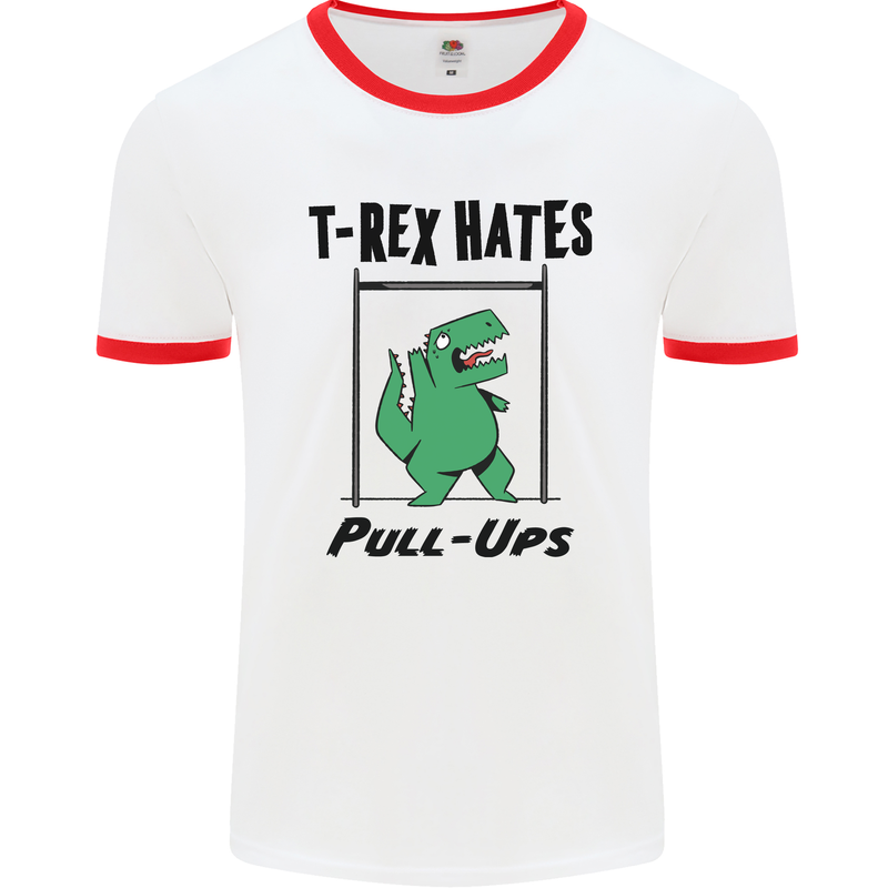 T-Rex Hates Pull Ups Funny Gym Dinosaurs Mens White Ringer T-Shirt White/Red