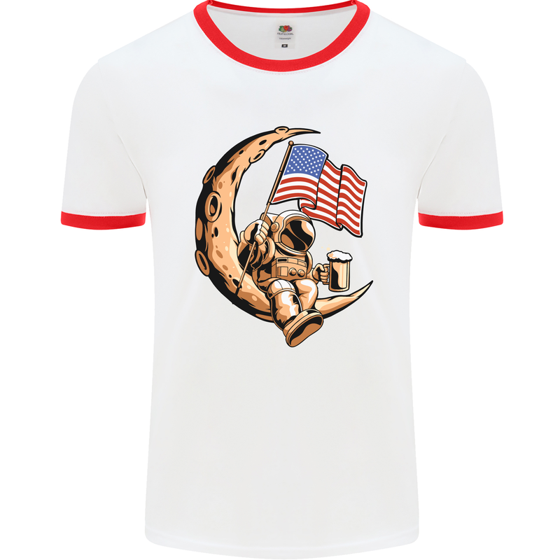 Beer Moon USA Flag Astronaut Space Alcohol Mens White Ringer T-Shirt White/Red