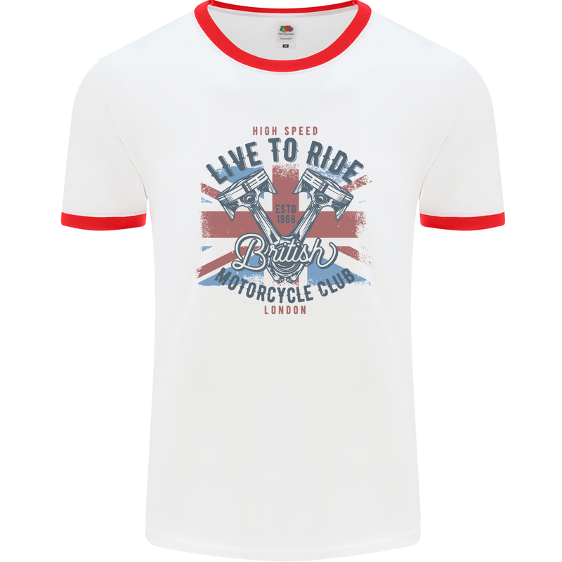 British Motorcycle Club Live to Ride Biker Mens White Ringer T-Shirt White/Red