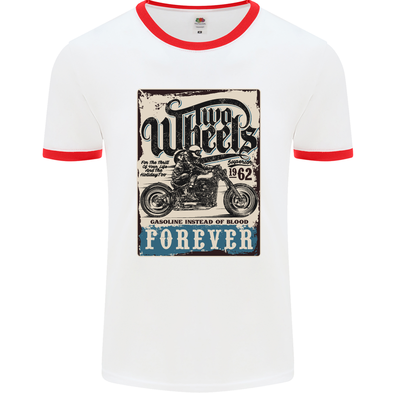 Two Wheels Biker Motorcycle Motorbike Mens White Ringer T-Shirt White/Red