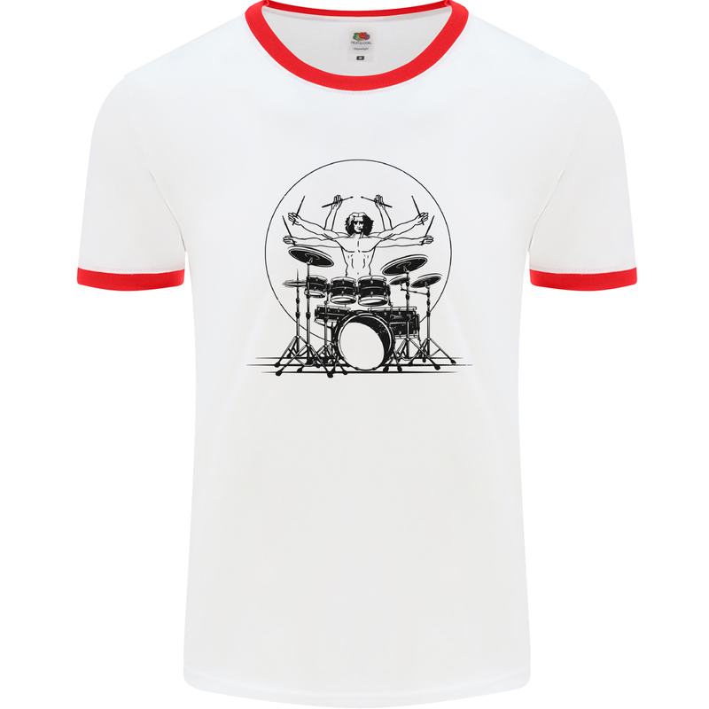 Virtruvian Drummer Funny Drumming Drum Mens White Ringer T-Shirt White/Red