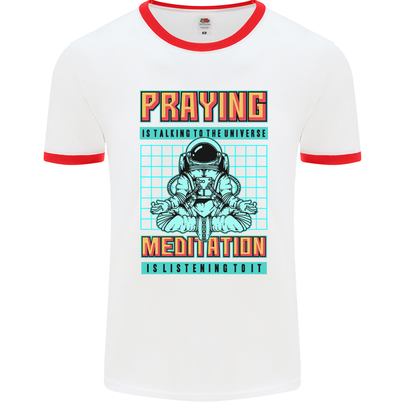 Praying and Meditation Space Universe Yoga Mens White Ringer T-Shirt White/Red