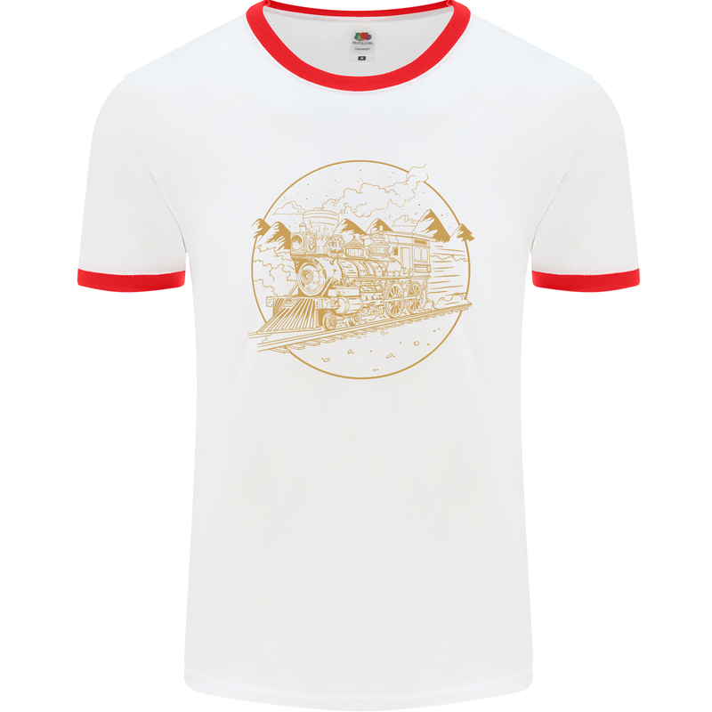 Gold Locomotive Steam Engine Train Spotter Mens White Ringer T-Shirt White/Red