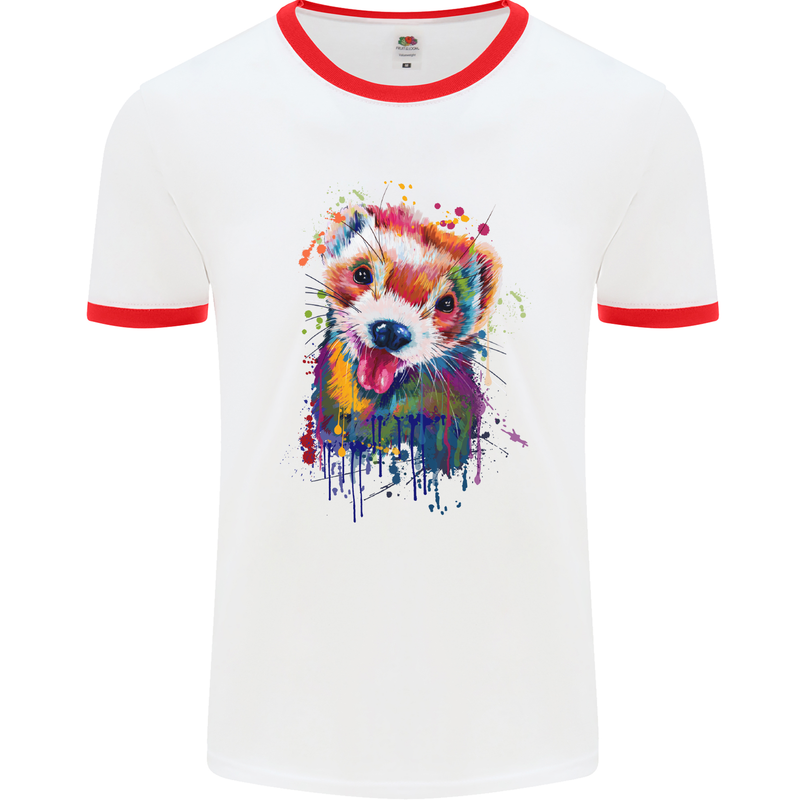 Ferret Watercolour Mens White Ringer T-Shirt White/Red