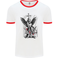 St. Michael Killing the Devil Christian God Mens White Ringer T-Shirt White/Red