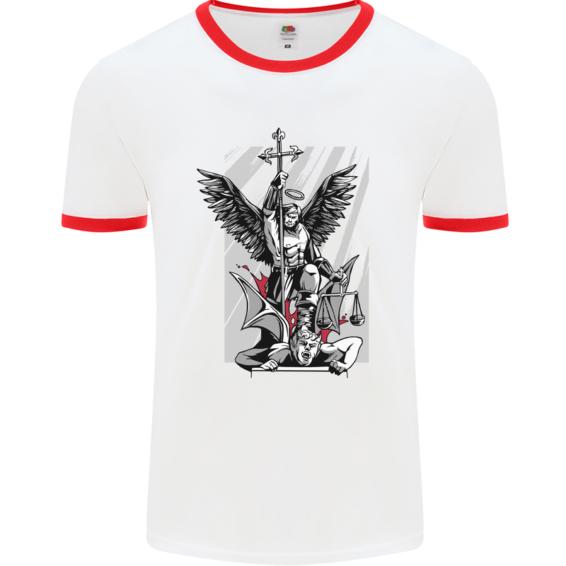 St. Michael Killing the Devil Christian God Mens White Ringer T-Shirt White/Red