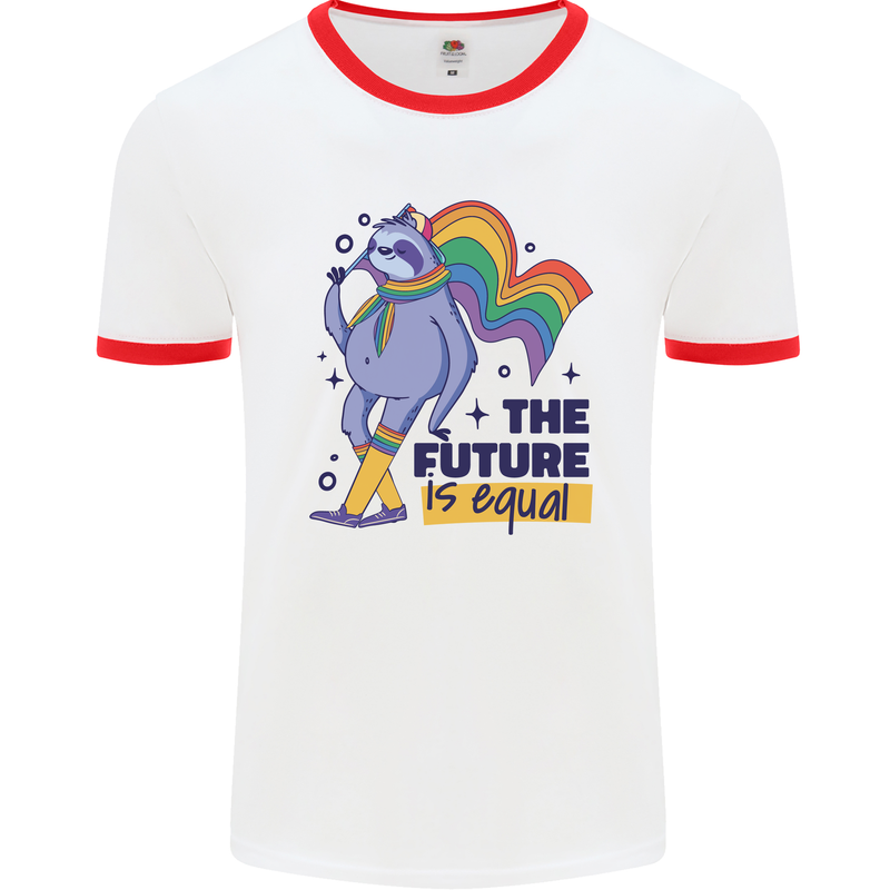 LGBT Sloth The Future Is Equal Gay Pride Mens White Ringer T-Shirt White/Red