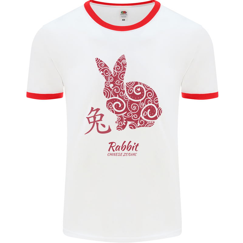 Chinese Zodiac Shengxiao Year of the Rabbit Mens White Ringer T-Shirt White/Red