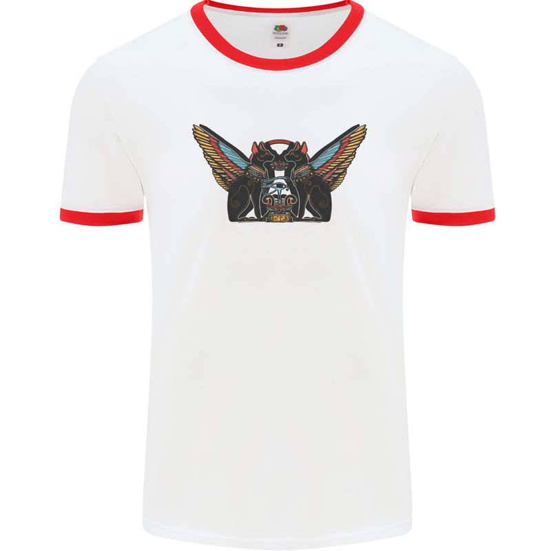 Ancient Egypt Winged Cats Eye of Horus Mens White Ringer T-Shirt White/Red