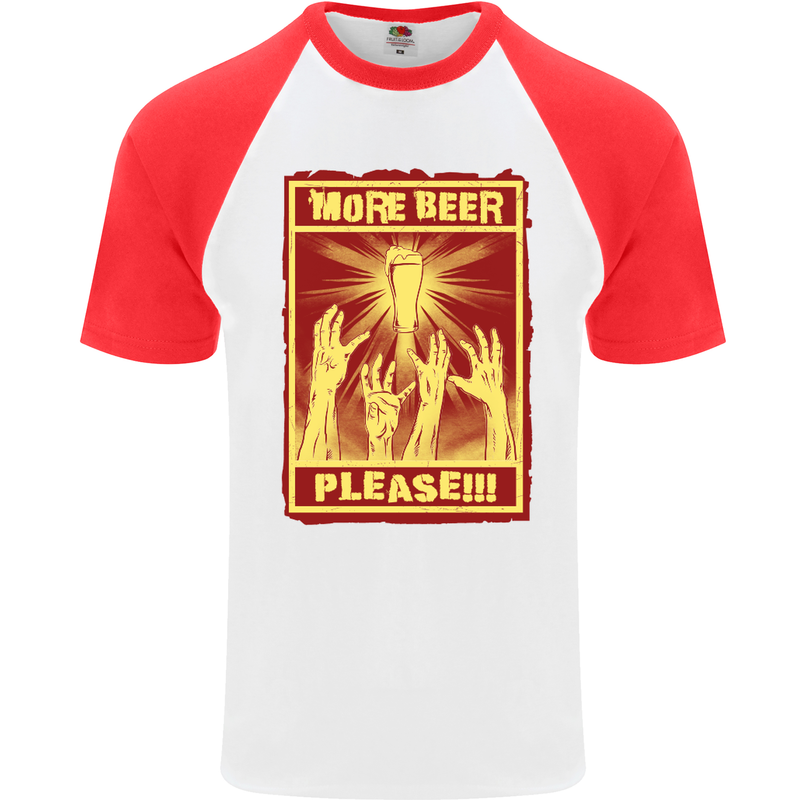 Zombies More Beer Please Funny Alcohol Mens S/S Baseball T-Shirt White/Red