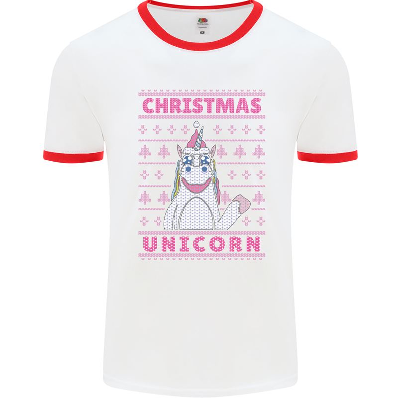 Funny Christmas Unicorn Mens White Ringer T-Shirt White/Red