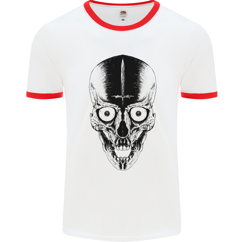 Skull With a Sword Gothic Heavy Metal Rock Mens White Ringer T-Shirt White/Red