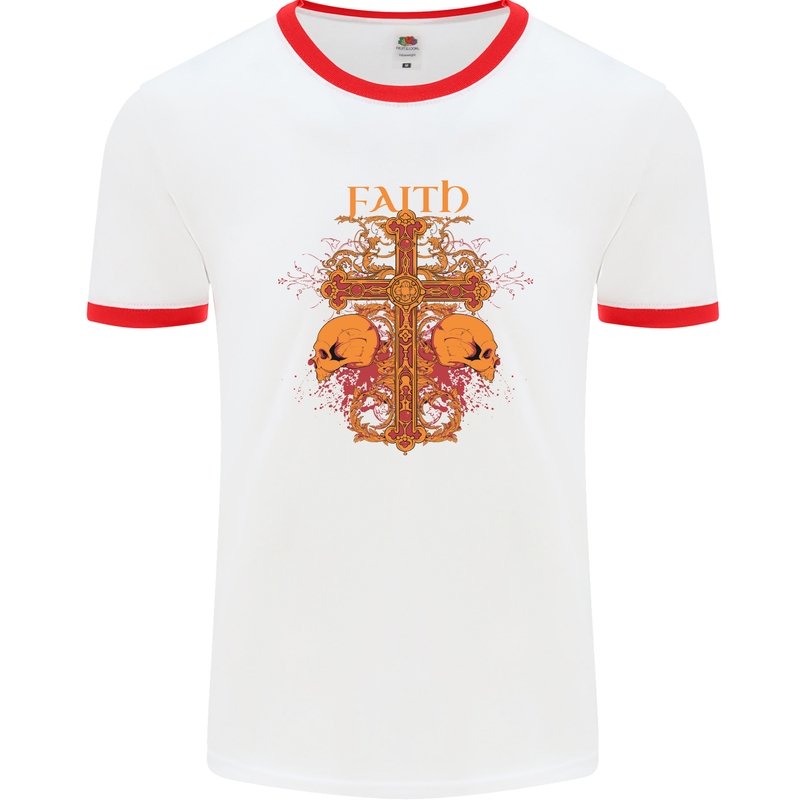 Faith Demonic Skulls Gothic Heavy Metal Mens White Ringer T-Shirt White/Red