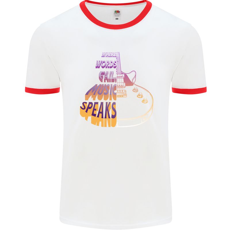 Where Words Fail Music Speaks Guitar Rock Mens White Ringer T-Shirt White/Red