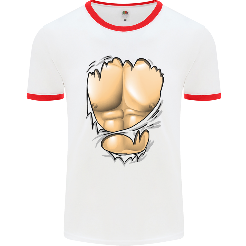 Gym Ripped Muscles Effect Mens White Ringer T-Shirt White/Red