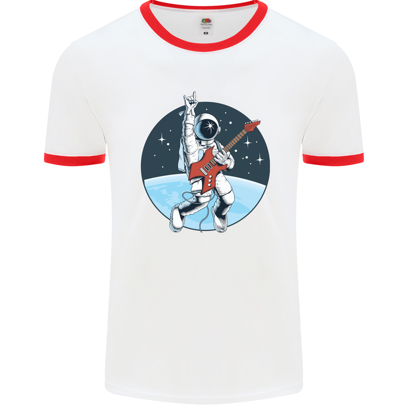 Space Rock Funny Astronaut Guitar Guitarist Mens White Ringer T-Shirt White/Red