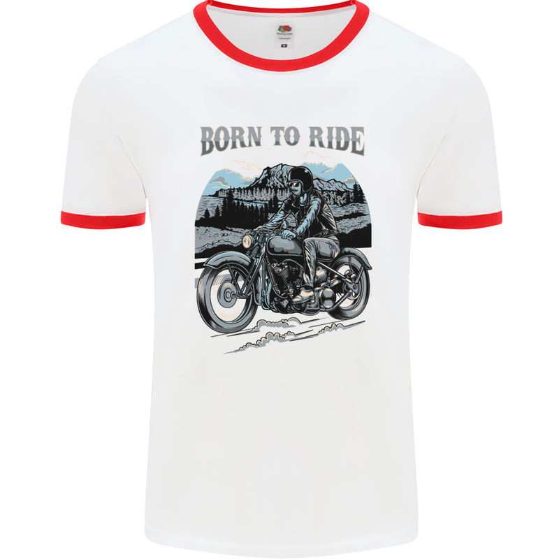 Born to Ride Motorbike Motorcycle Biker Mens White Ringer T-Shirt White/Red