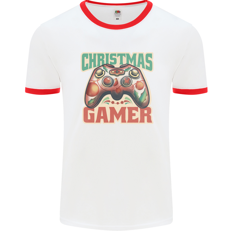 Christmas Gamer Funny Gaming Joypad Mens White Ringer T-Shirt White/Red