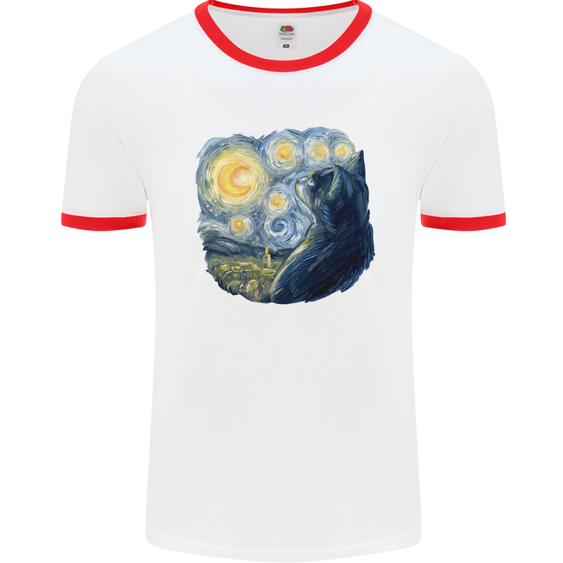 Cat Vangogh Funny Feline Painting Mens White Ringer T-Shirt White/Red