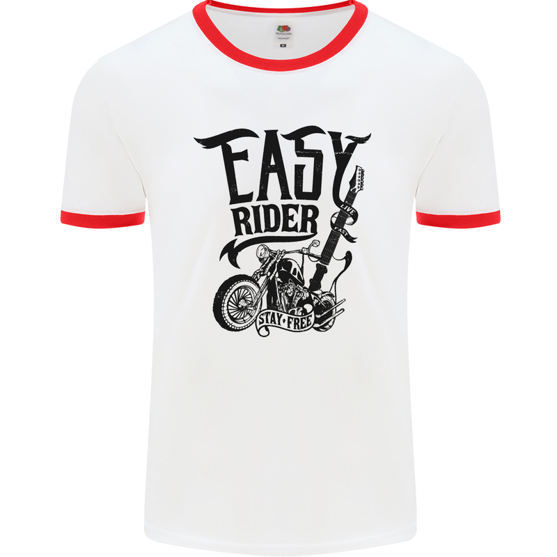 Easy Rider Motorcycle Motorbike Biker Mens White Ringer T-Shirt White/Red