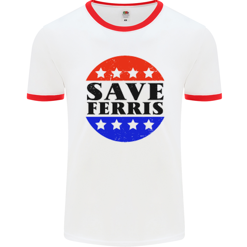 Save Ferris Distressed Funny 80's Movie Mens White Ringer T-Shirt White/Red