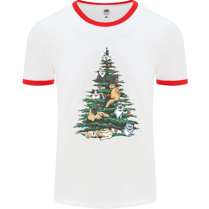 Cat Christmas Tree Mens White Ringer T-Shirt White/Red