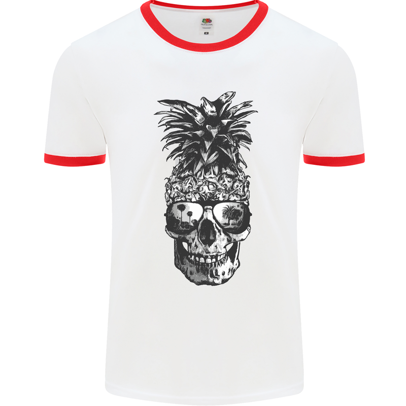 Pineapple Skull Surf Surfing Surfer Holiday Mens White Ringer T-Shirt White/Red