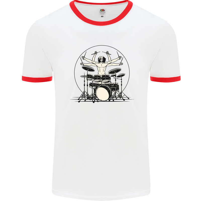 Virtruvian Drummer Funny Drumming Drum Mens White Ringer T-Shirt White/Red