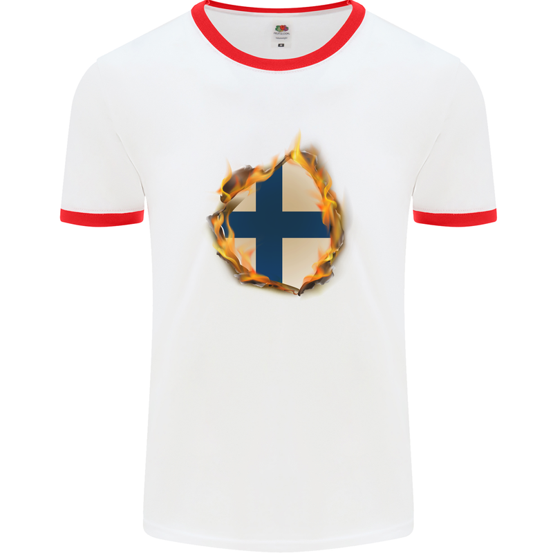 The Finnish Flag Fire Effect Finland Mens White Ringer T-Shirt White/Red