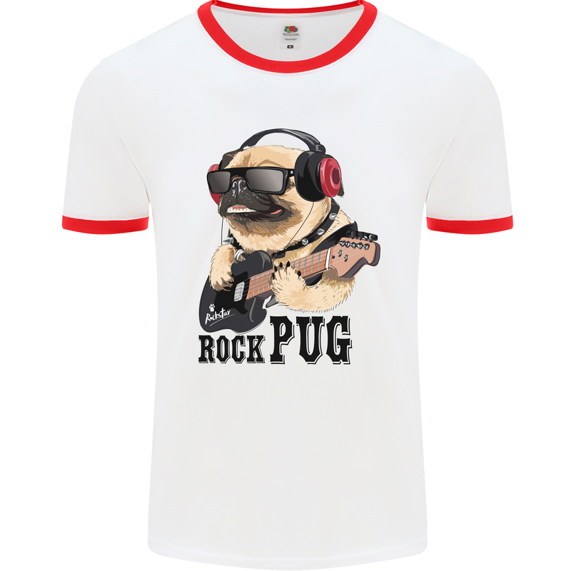 Rock n Roll Pug Funny Guitar Heavy Metal Mens White Ringer T-Shirt White/Red