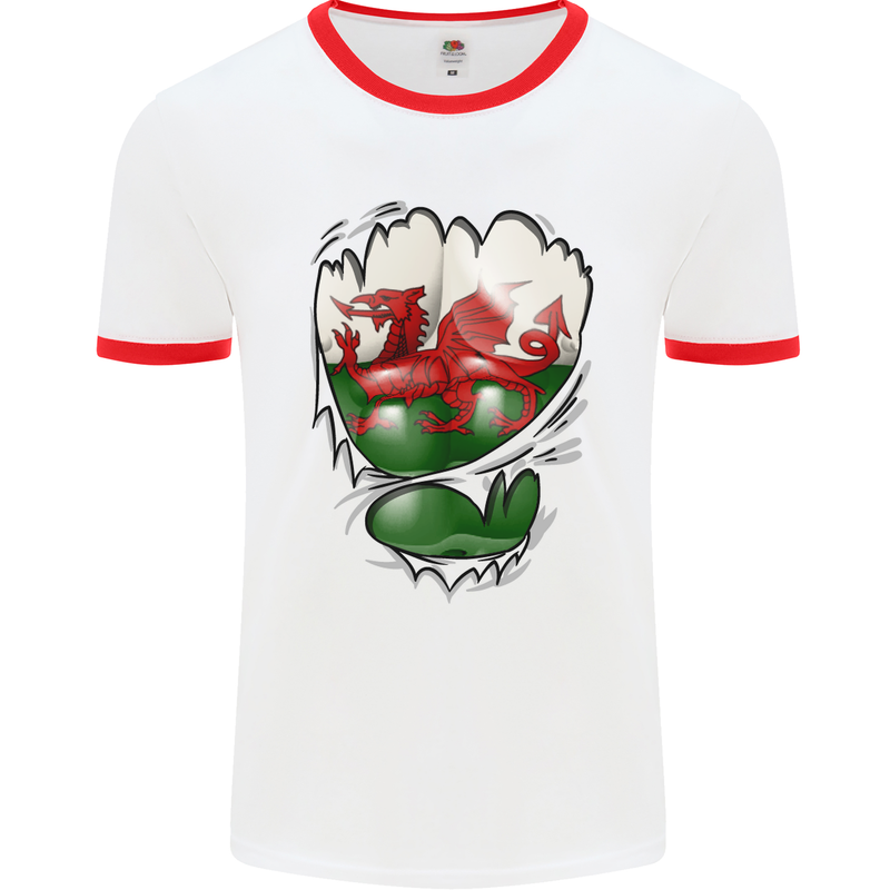 Gym The Welsh Flag Ripped Muscles Wales Mens White Ringer T-Shirt White/Red