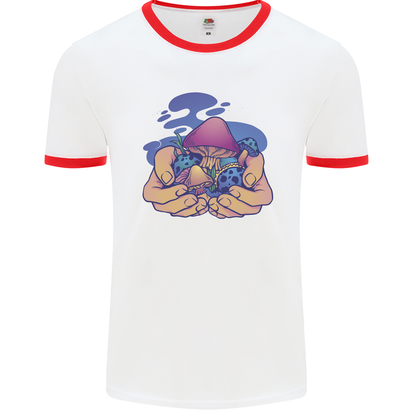 Magic Mushroom Hands Mycology Trippy Mens Ringer T-Shirt White/Red