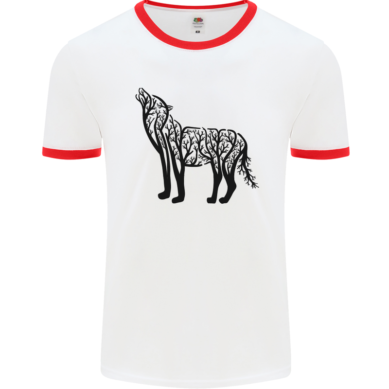 Wolf Tree Animal Ecology Mens White Ringer T-Shirt White/Red