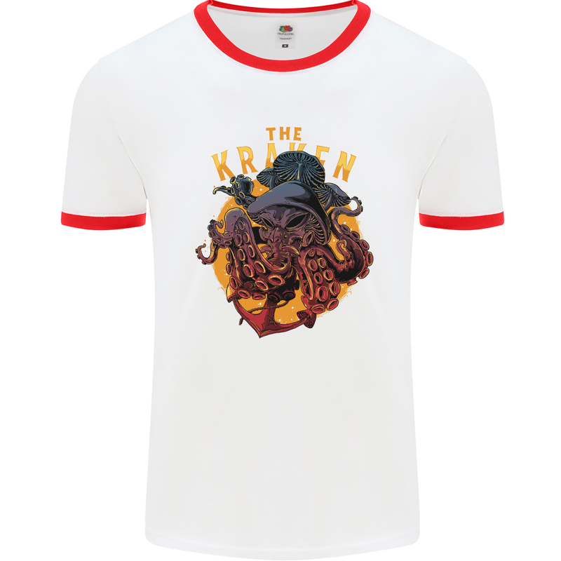 The Kraken Octopus Cthulhu Scuba Diving Mens White Ringer T-Shirt White/Red